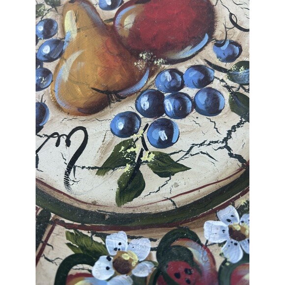 Vintage Decorative Metal Plate Platter Fruits & Flowers Hand Painted Round 14” - Picture 3 of 7